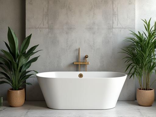 Minimalistisk baderom med frittstående badekar og naturlige materialer