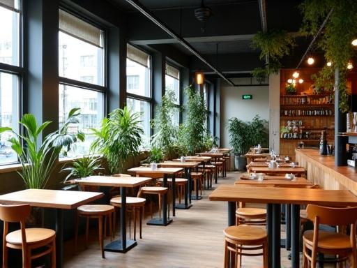 Stilfull kafé med trebord og grønne planter