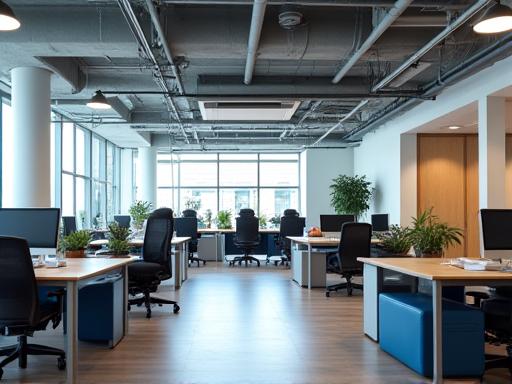 Moderne åpent kontorlandskap med ergonomiske møbler