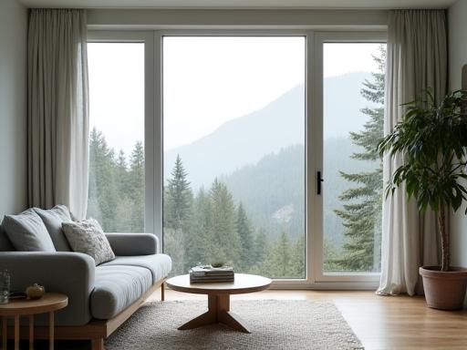 Nordisk minimalistisk stue med stort vindu mot natur
