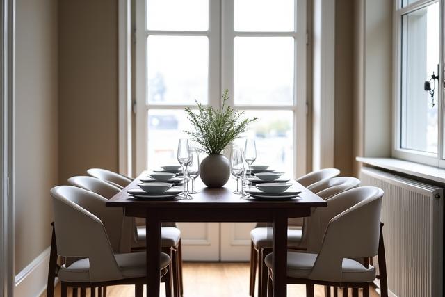Spiseområde i Stavanger med elegant bord og stoler i nordisk stil.