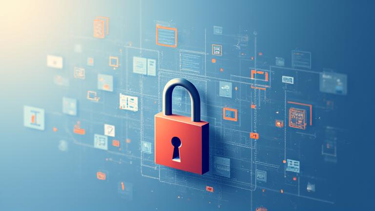 Illustrasjon av datasikkerhet, med lås og beskyttende barrierer rundt digitale data, i skandinavisk minimalistisk stil