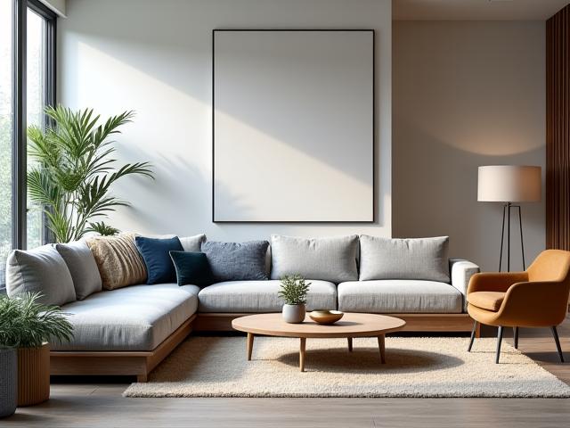 Et elegant, moderne stueinteriør med kuraterte skandinaviske møbler, sofa, salongbord og minimalistisk dekor.