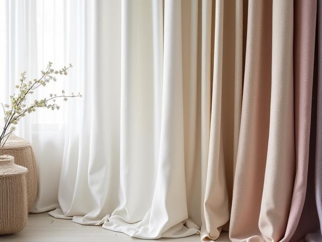 Et utvalg av elegante gardinstoffer og persienneprøver, utstilt i et lyst og moderne rom, som viser tekstur og farger.