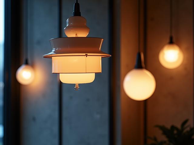 Et moderne interiør med designlamper, inkludert en stilren taklampe som skaper en varm og innbydende atmosfære.